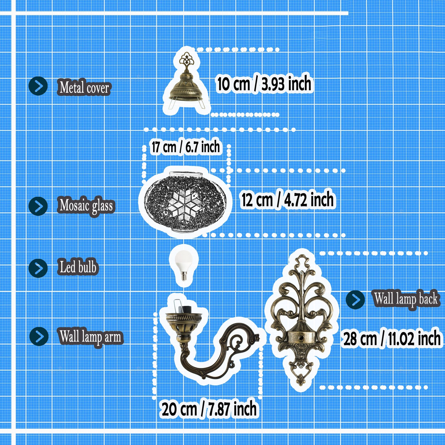 Turkish Moroccan Mosaic Wall Sconce Lamp with Bronze Base - B